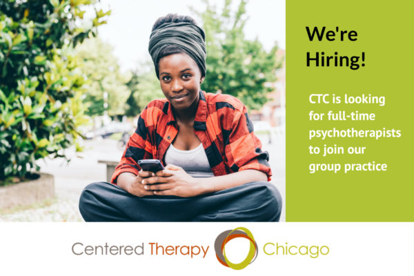 A flyer showing a woman searching for jobs on her phone. Centered Therapy Chicago is looking for full-time psychotherapists to join their group practice