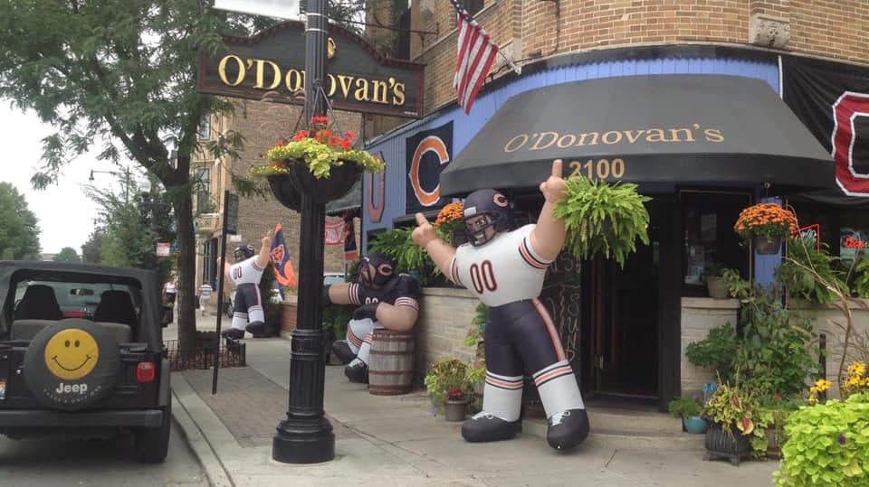 An inflatable Bears player decorates the entrance to O'Donovan's bar and grill
