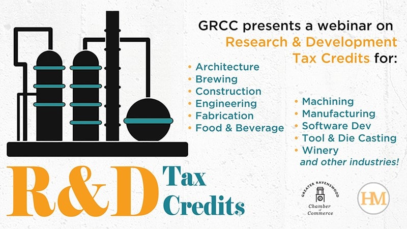 Text: GRCC presents a webinar on Research & Development Tax Credits for: Architecture, Brewing, Construction, Engineering, Fabrication, Food & Beverage, Machining, Manufacturing, Software Dev, Tool & Die Casting, Winery and other industries