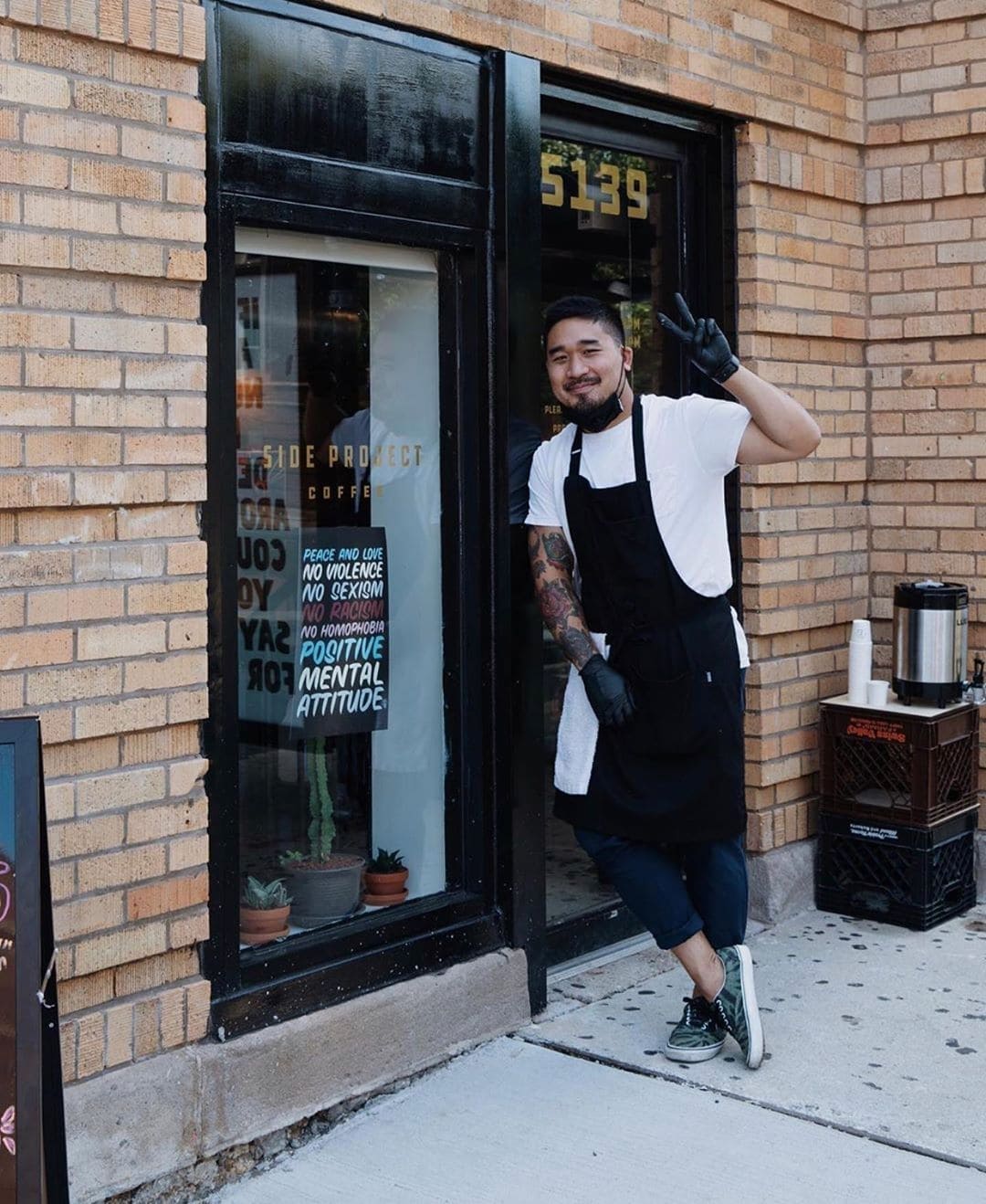 A picture of Side Practice Coffee owner Francis Almeda in front of his cafe