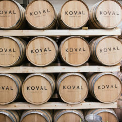 A rack of barrels at KOVAL Distillery