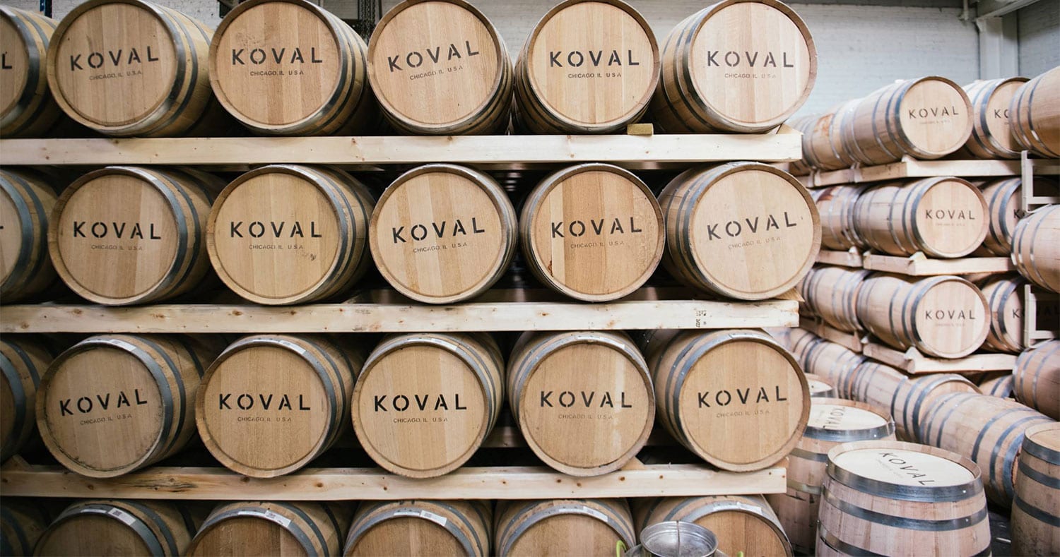 A rack of barrels at KOVAL Distillery