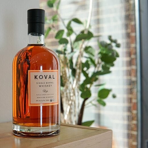 A bottle of KOVAL Rye finished in maple syrup casks 