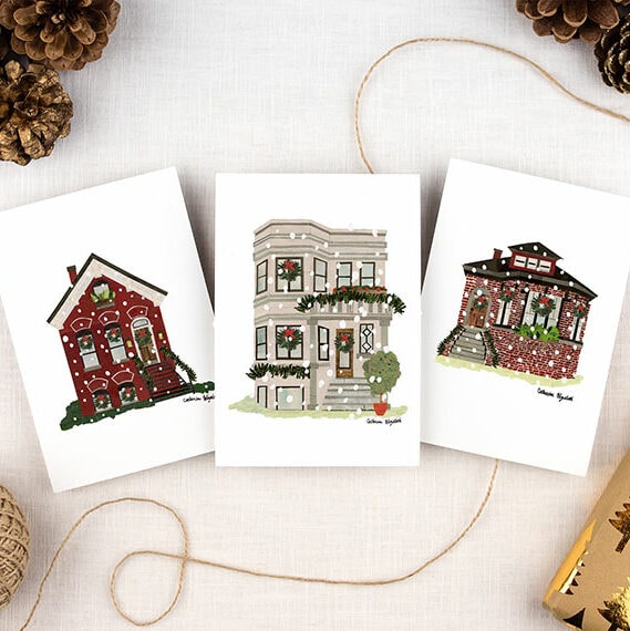 Holiday cards featuring classic Chicago homes by Ravenswood artist Catherine Elizabeth