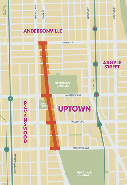 Map highlighting the Clark Street area between Foster and Montrose being reviewed.