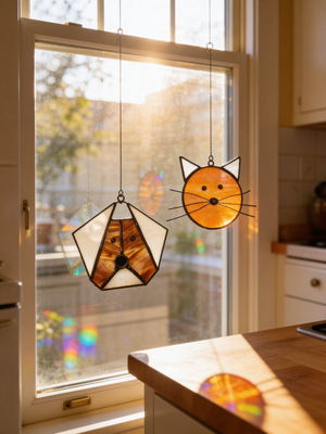 Chicago Glass Collective Summer Camp - finished window hangings of a dog and cat