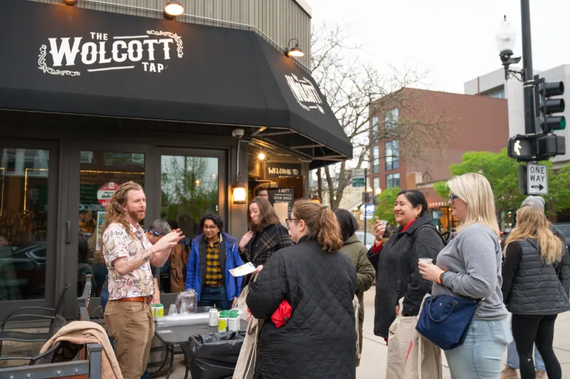 Munch March, guests outside of Wolcott's Tap