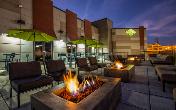 WhirlyBall's rooftop patio features comfortable seating and fireplaces